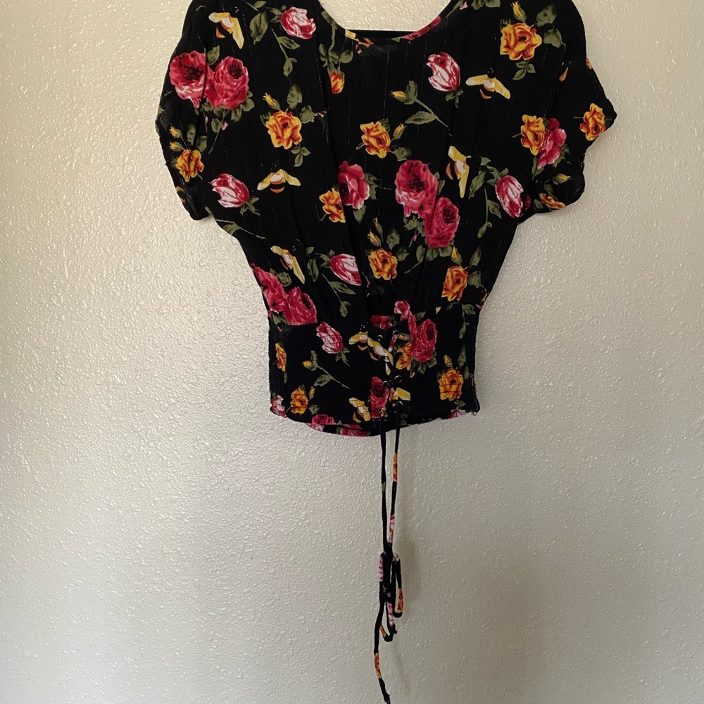 Red and Pink Fitted Tie Front Blouse